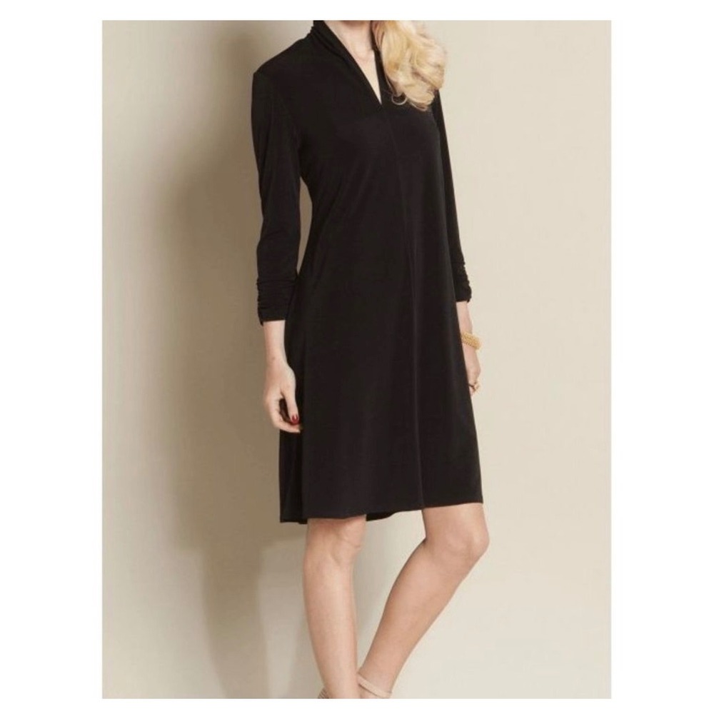 Clara Sunwoo Black Ruched 3/4 Sleeve V-Neck A-Line Dress Womens Small USA